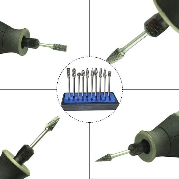 10 stk Tungsten Carbide roterende burrsett med slipehode for Dre