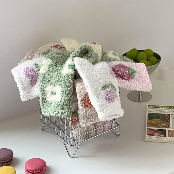 5 par bløde, fluffy sokker til kvinder, blomstermønstrede sokker til sengen