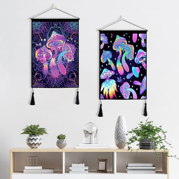 2 kpl sienitaulu seinävaate tupsuilla Trippy seinävaate Psychedel
