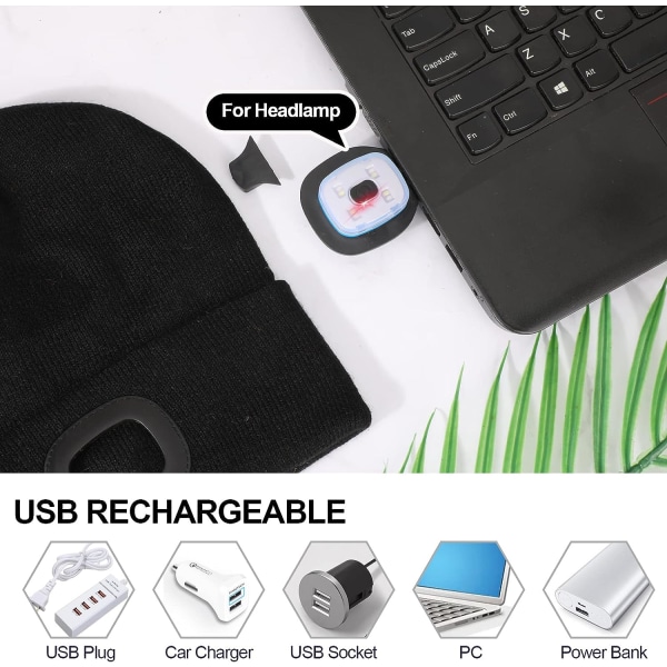 USB Genopladelig 4 LED Beanie Hat, Luminous Cap Belysning og Flas