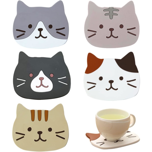 5 STK Cute Cat Cup Coasters, Gjenbrukbare Silikon Drink Coasters Non
