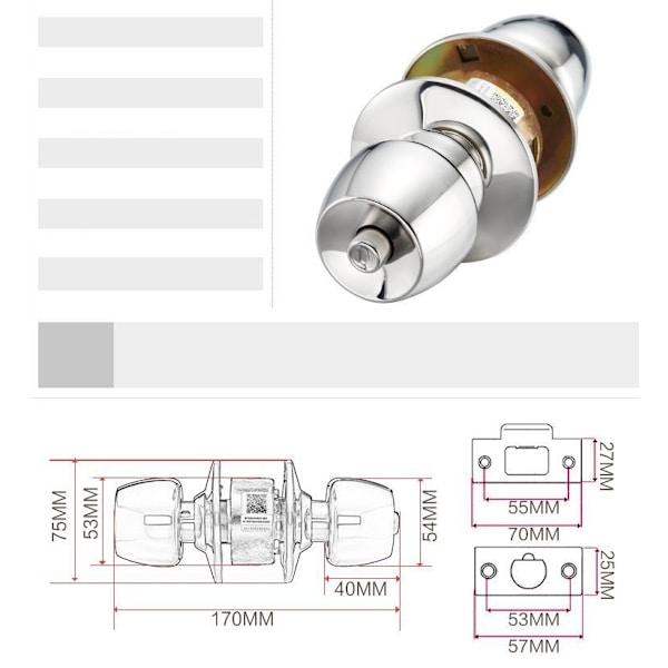 Nyckelhålsdörrlås (storlek: 60 mm), kuldörrknoppar med nycklar, r
