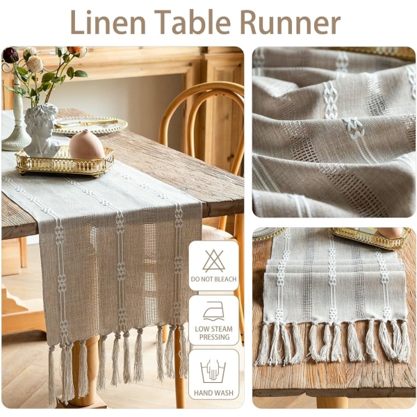 Grå Bordløper med Håndlaget Duske Lin Hult Brodert T