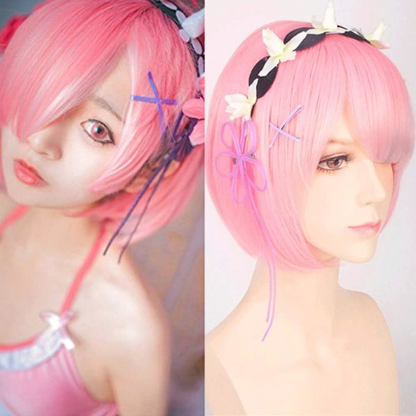 Vaaleanpunainen lyhyt Bob Ram Cosplay-peruukki Synteettinen Anime Hair Party -peruukki Zer