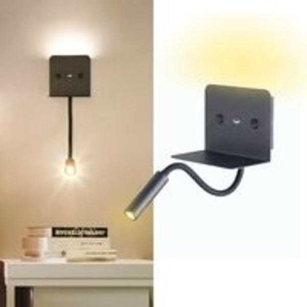 Væglampe + 3W LED-læselampe med USB-port Sort