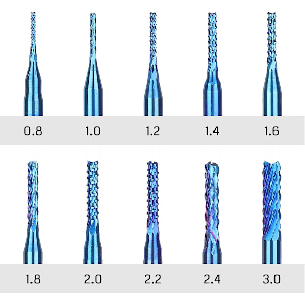 10 st Nano Blue Coat CNC-fräsar, 0,8-3 mm, 1/8 skaft