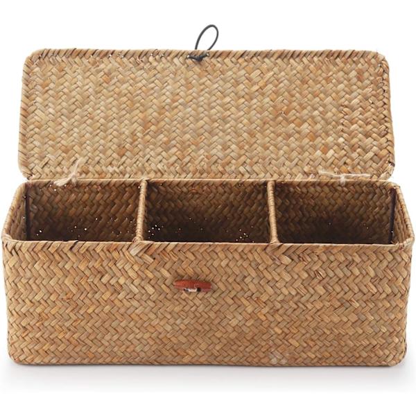 32x12x11cm - Seagrass oppbevaringskurv med rektangulære lokk Wicker T