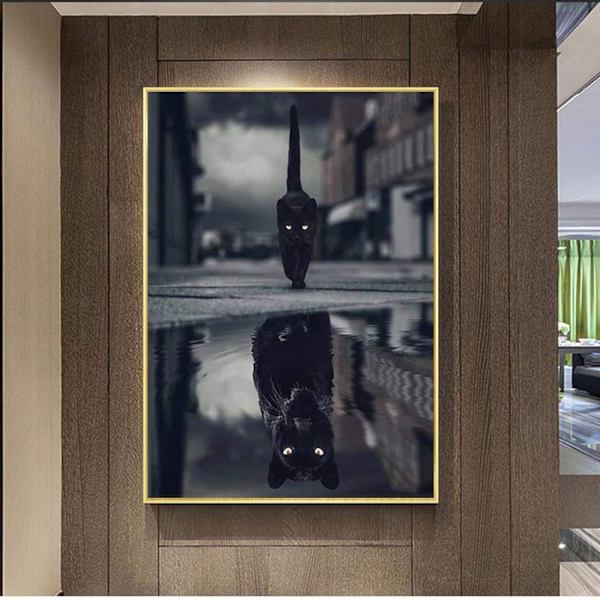 30*40cm Sort Kat Panter Dyr Reflektion Diamant Maleri Kors