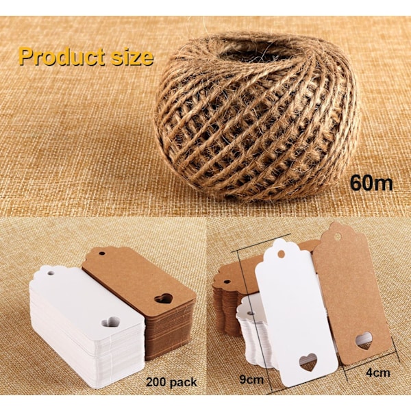 200 kpl Kraft-korttia Kraft-paperilappu 9 x 4 cm Jutelanka 60 m