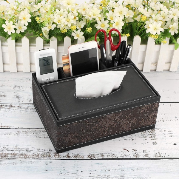 Tissue Box PU Læder Rektangulær Serviet Dispenser med 3 Rum