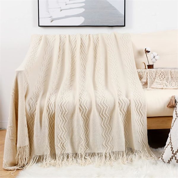Bohemisk mjuk stickad filt med pompom beige - 127*17