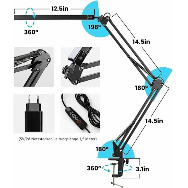 Musta LED-pöytälamppu, LED-silmäsuojapöytälamppu + 5v3a nopea C