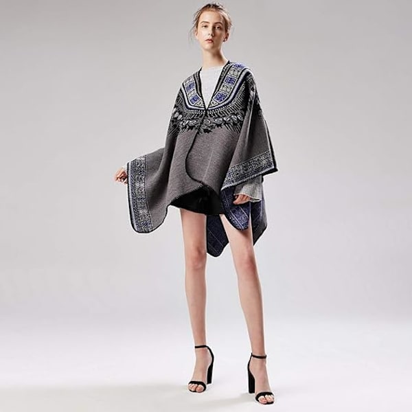 Grå Vintage Poncho Kappe Tassel Sjal Wrap Cardigan C til kvinder