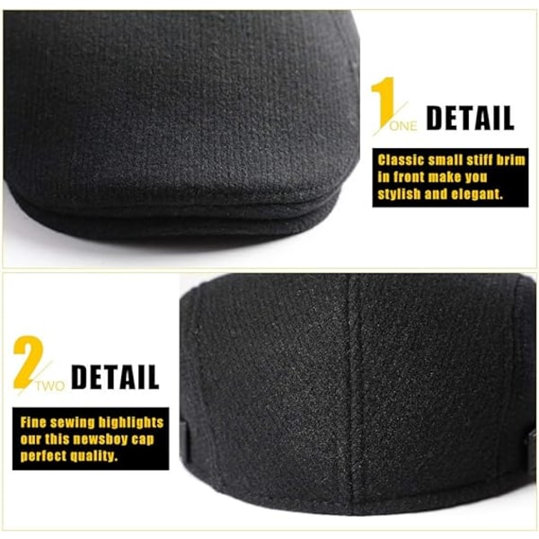 Herre flad beret cap justerbar flad hat efterår vinter（sort）