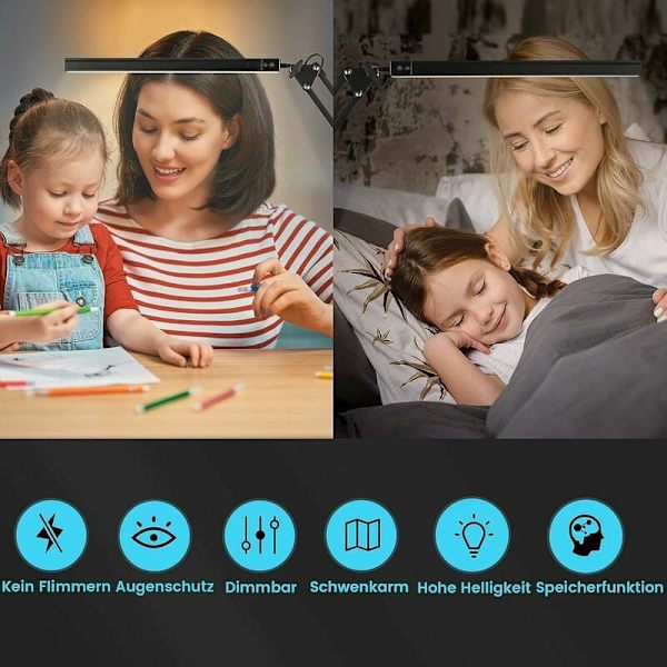 Musta LED-pöytälamppu, LED-silmäsuojapöytälamppu + 5v3a nopea C