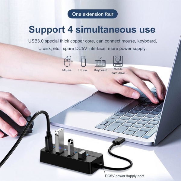 1PC Svart 4-Portars USB 3.0 Hub, 4-Portars USB 3.0 5Gbps Hub Adapter In