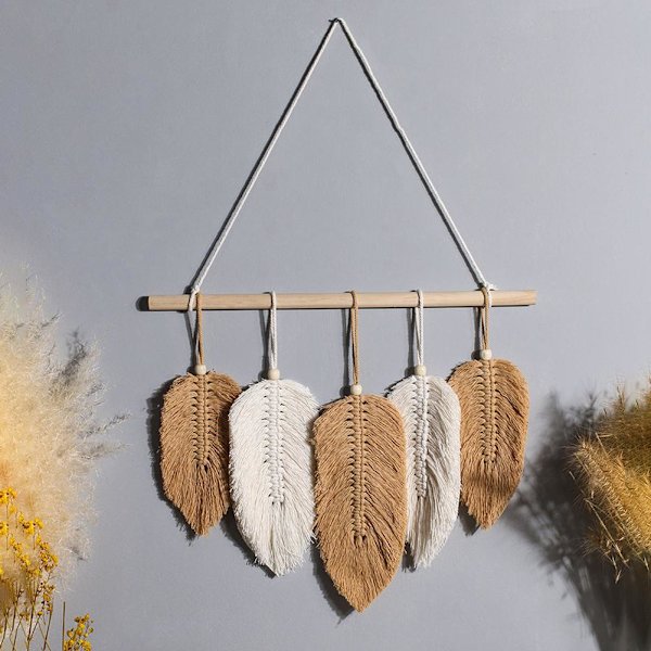 Bohemian Chic Feather Macrame Seinätekstiili Käsintehty Kudotut Lehdet