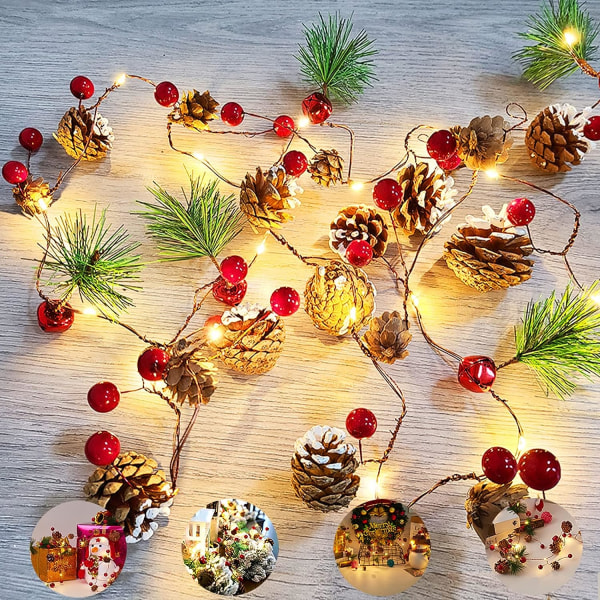 Christmas Light Garland with Pine Cone Red Berry Bell,LED Christm