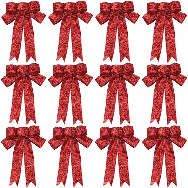 Julglitterbågar, 12 stycken röda julbandbågar Christ