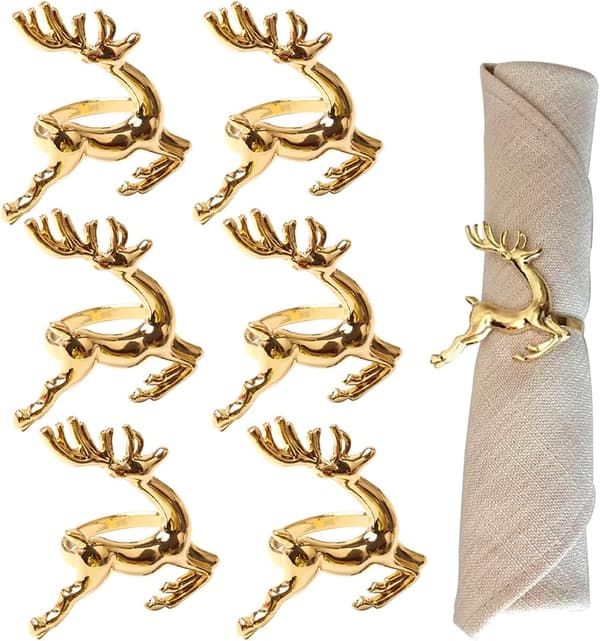 6 stk. Guld Elg Hjorte Servietringe, Jul Serviet Servietholder,