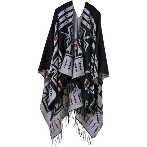 Svart kashmirponcho med blommönster och fransade fållar