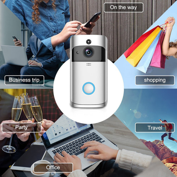 Sølvfarvet videodørklokke, trådløs WiFi smart videodørtelefon med Vi