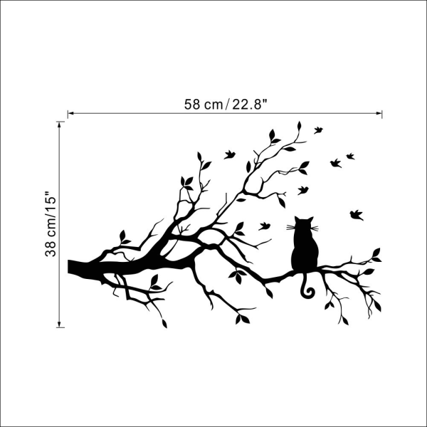 Branch Leaves & Cat Wall Decal Sticker Flyttbar Vinyl Bird Wall