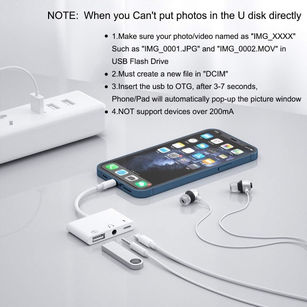USB Lighting Audio Adapter, 3 i 1 USB Camera Player Adapter med