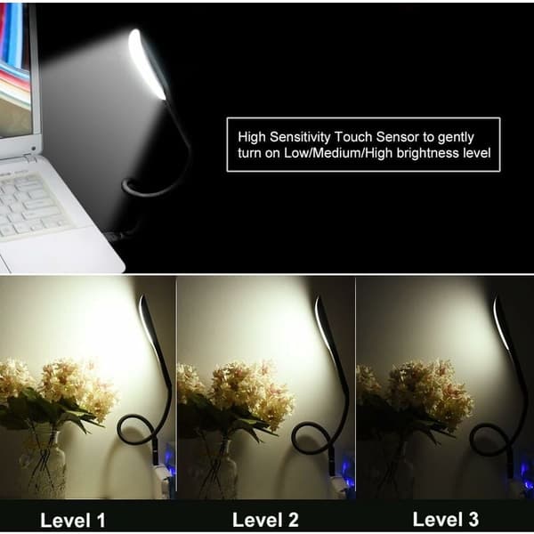 1 stk. Sort USB-lampe, dæmpbar læselampe med 3 lysstyrkeniveauer