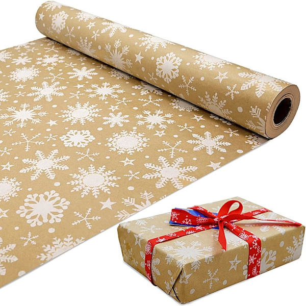 1m (1m x 44cm) rulle kraftpapir med hvide snefnug gavepapirrulle,