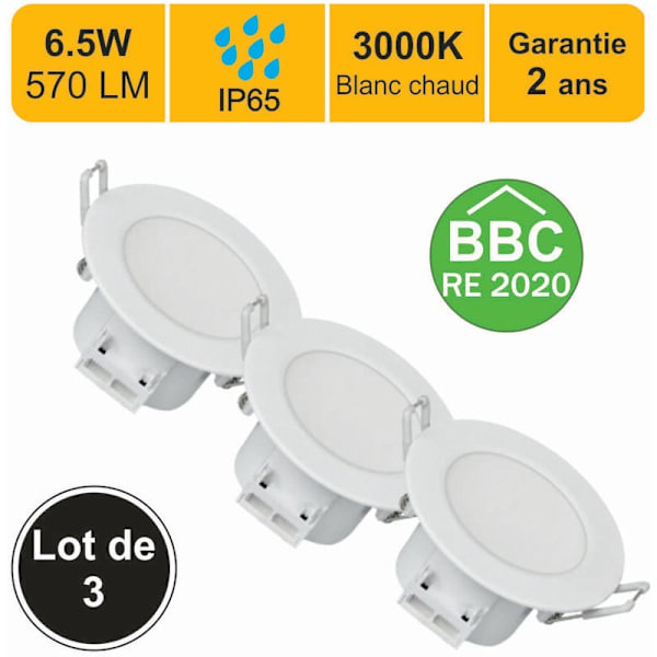 Sæt med 3 BBC LED indbyggede spotlights (RE2020) IP65 - Badeværelse - 6\"