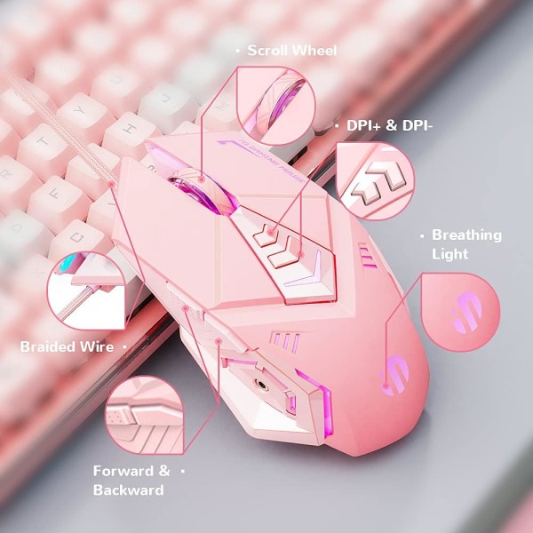 Pink kablet gamingmus, ergonomisk USB gamingmus med 4800 DPI