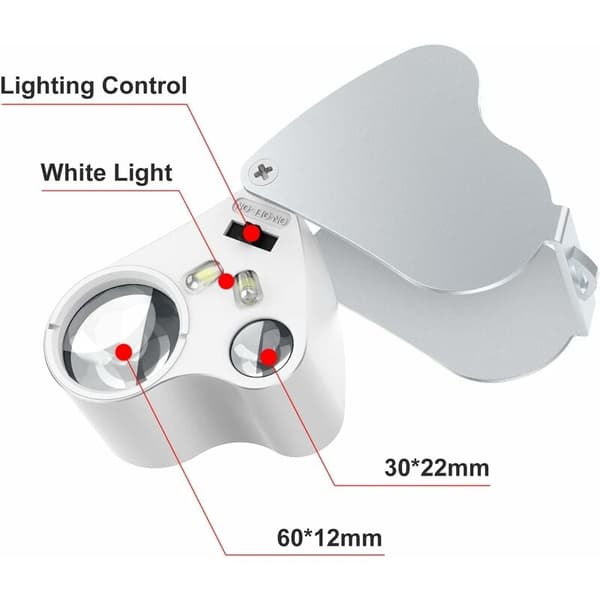 30 X 60 Juvelerlupe, LED-belyst urmakerlupe, Gem