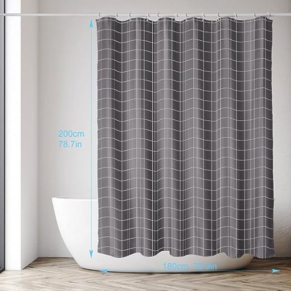1 stk 180*200cm grå rutete dusjforheng, hurtigtørkende, maskinvaskbar
