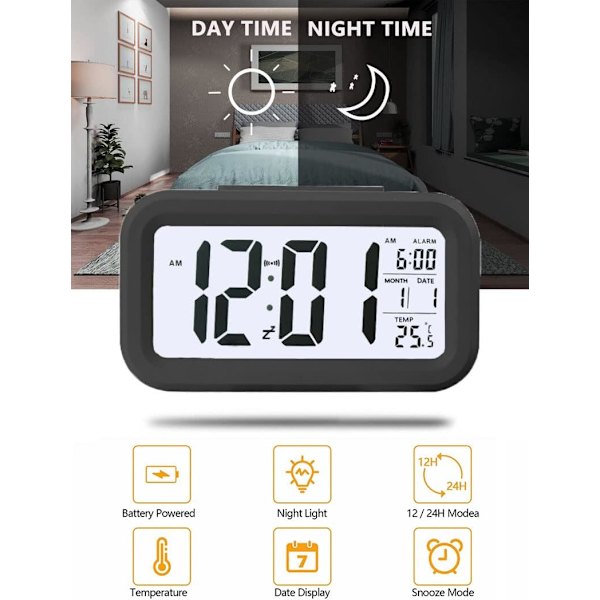 LCD-väckarklocka utan tickande ljud med ljus, datum, kalender och temperatur