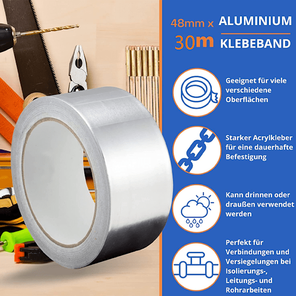 Alumiiniteippi - 48 mm x 30 m - itseliimautuva alumiiniteippi - vesi