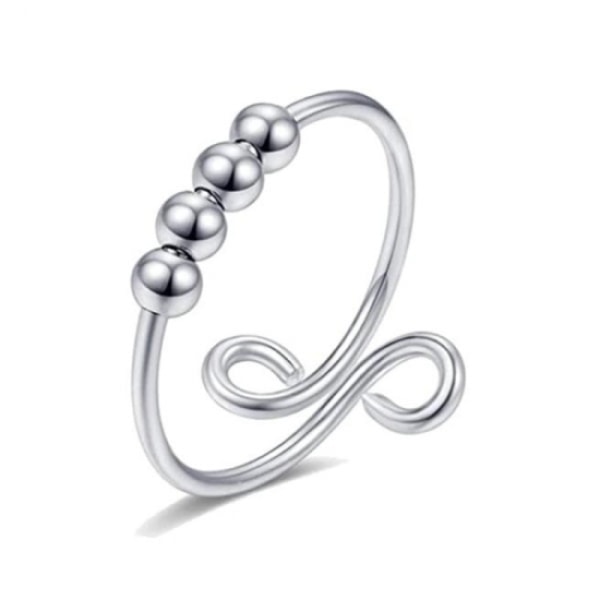 Adjustable anti-stress ring with rotatable pearls in platinum gol