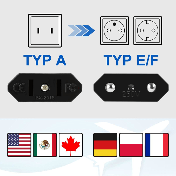 4-pack USA till EU Travel Plug USA Plug to 2 Pin Euro/Tyskland Plug A