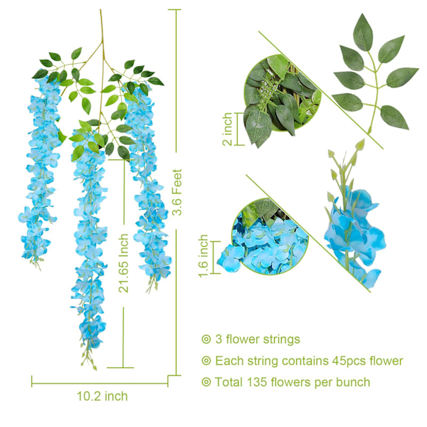 Sininen 12 erän tekokukat Teko Wisteria Vine Silk Flower Han
