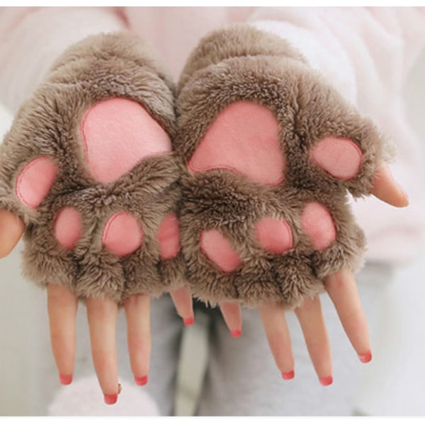 Khaki Color Damvante - Flickor Vinter Cat Paw Mitten Handskar - Plysch Hal