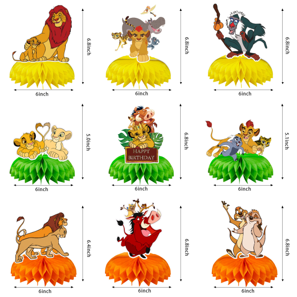 9 delar av lejonkungen-tema fest honeycomb bolldekoration, par