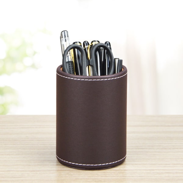 1 stk. Sort Kontorartikler Læder Rund Pen Cylinder Kontor Stati