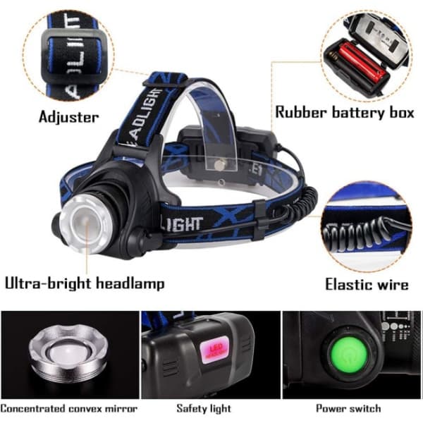 Hodelykt, oppladbar LED-lampe, 10000LM hodelykt med 3 lys