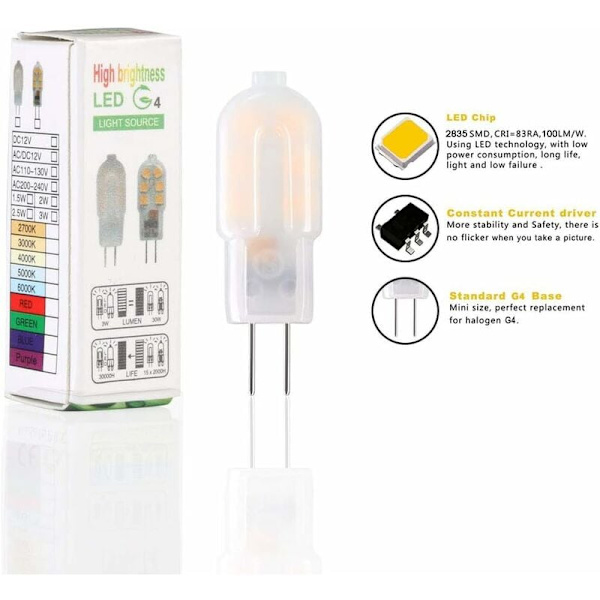 G4 LED-lyspære, 5-pak 15W tilsvarende halogenpærer, 2W G4