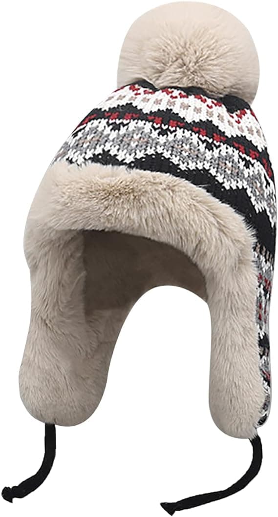 Sort Dame Vinter Strikhue Hat Øreklapper Varm Fleece Foret S