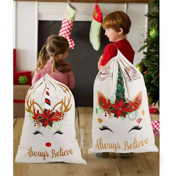 2-pack jultomte-enhörningsväskor i canvas med dragsko, extra