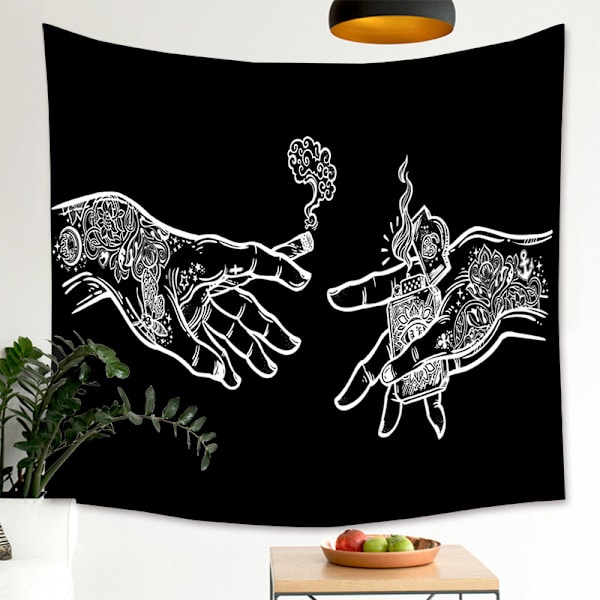 Hvit og svart blomsterhåndveggteppe, psykedelisk trippy hei