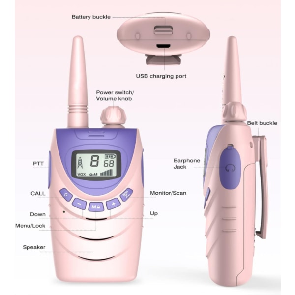 2-delt sett med rosa walkie talkies for barn, oppladbare, 8-
