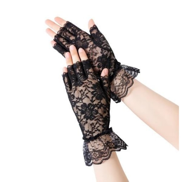 1 par svarta spets handskar Halloween Maskerad Svart One Size