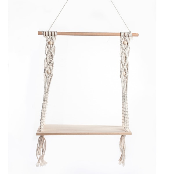 Väggmonterad hylla i trä, macramé, bohemisk dekoration, växter, enkel tofs, manuell